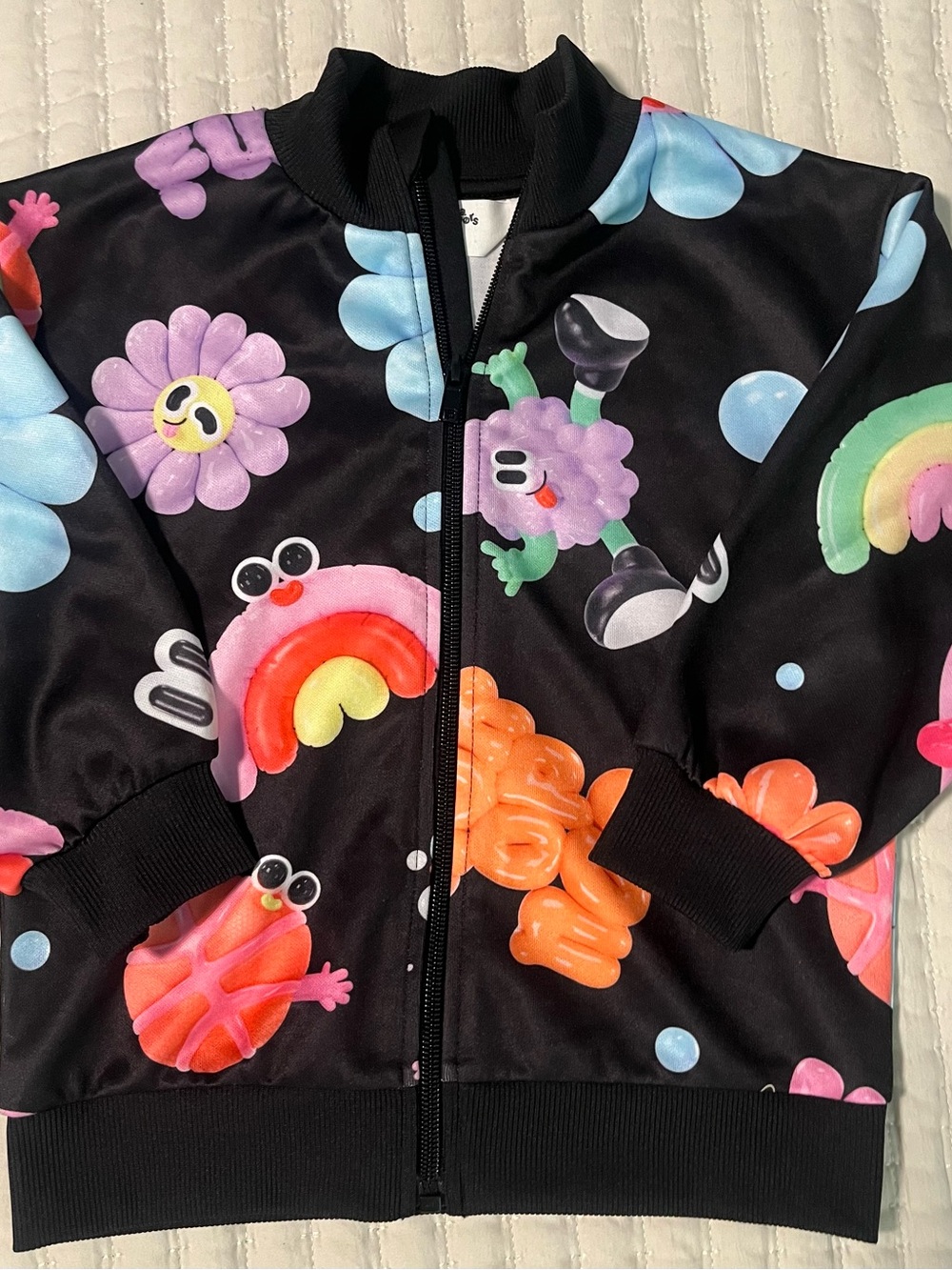 H&M Black Bomber Jacket with Colorful Rainbow & Character Prints